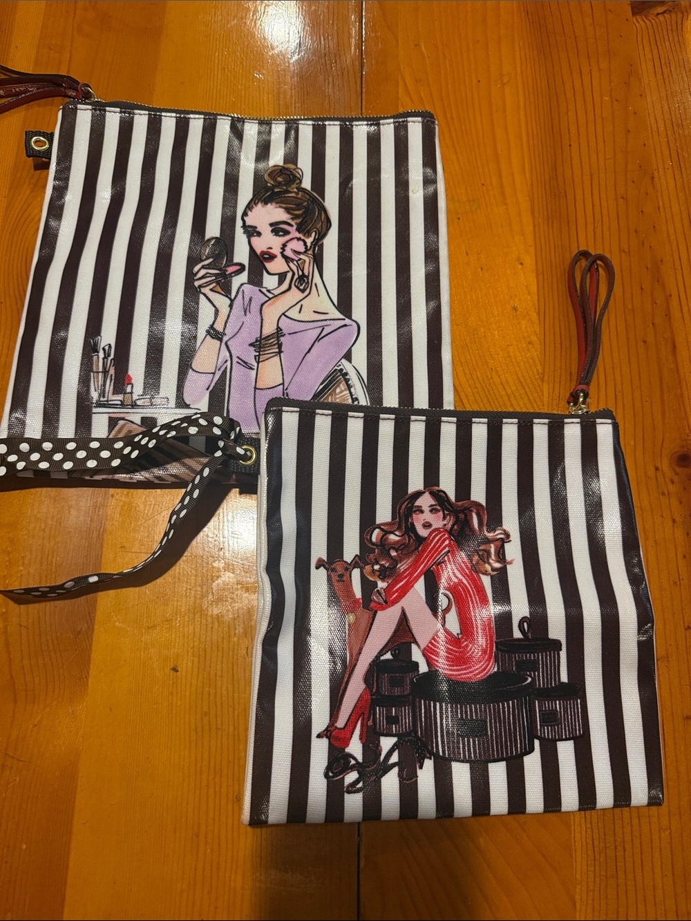 Henri Bendel Black & White Stripe Cosmetic Pouches - Illustrated Women Design
